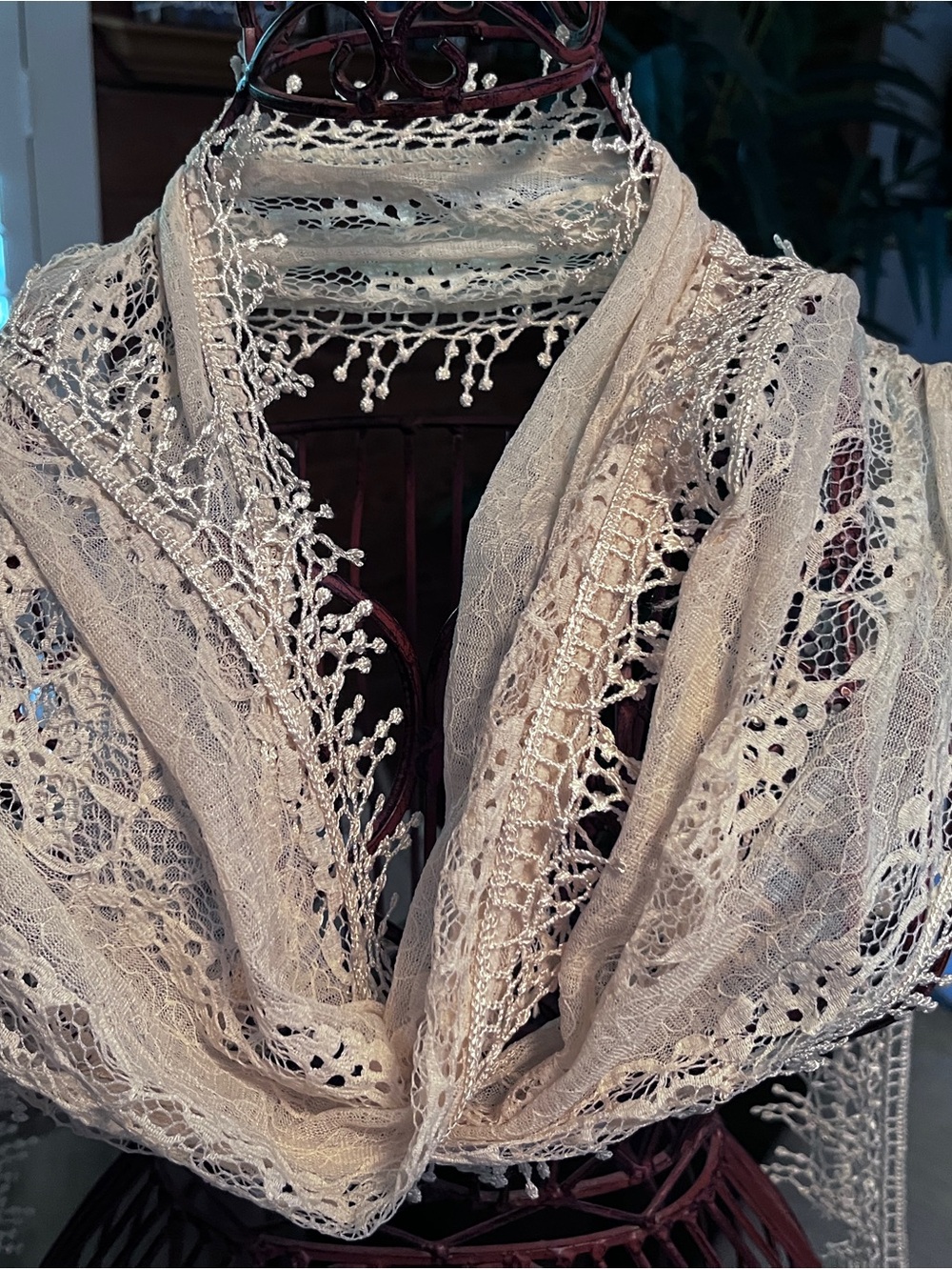 Natural Cream Lace Crochet Scarf Neck Wrap 35”with13”tassels x 8”W
